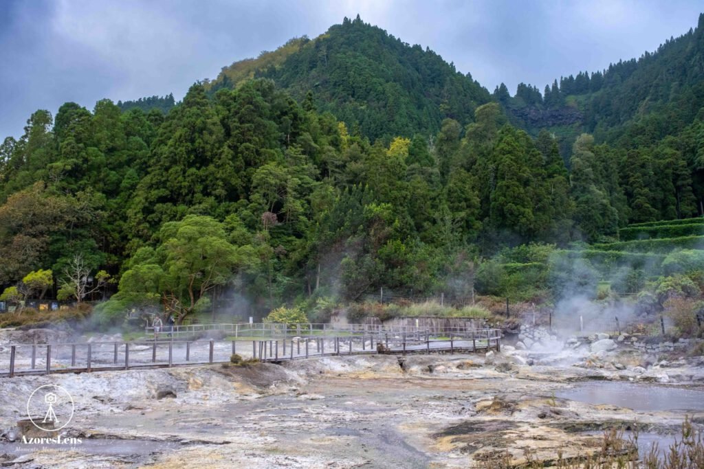 Volcanic wonders at Furnas Caldeiras, where geothermal activity creates surreal landscapes. Steam rises from bubbling hot springs amidst the lush surroundings of São Miguel Island in the Azores