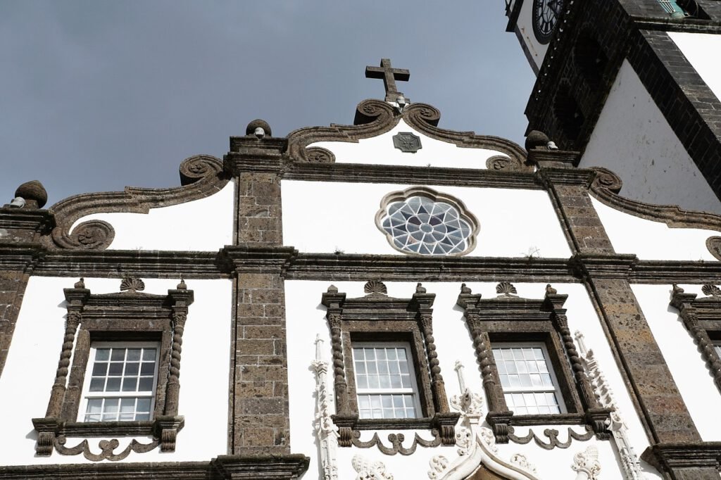 Azorean Church, black and white, christian, blue sky