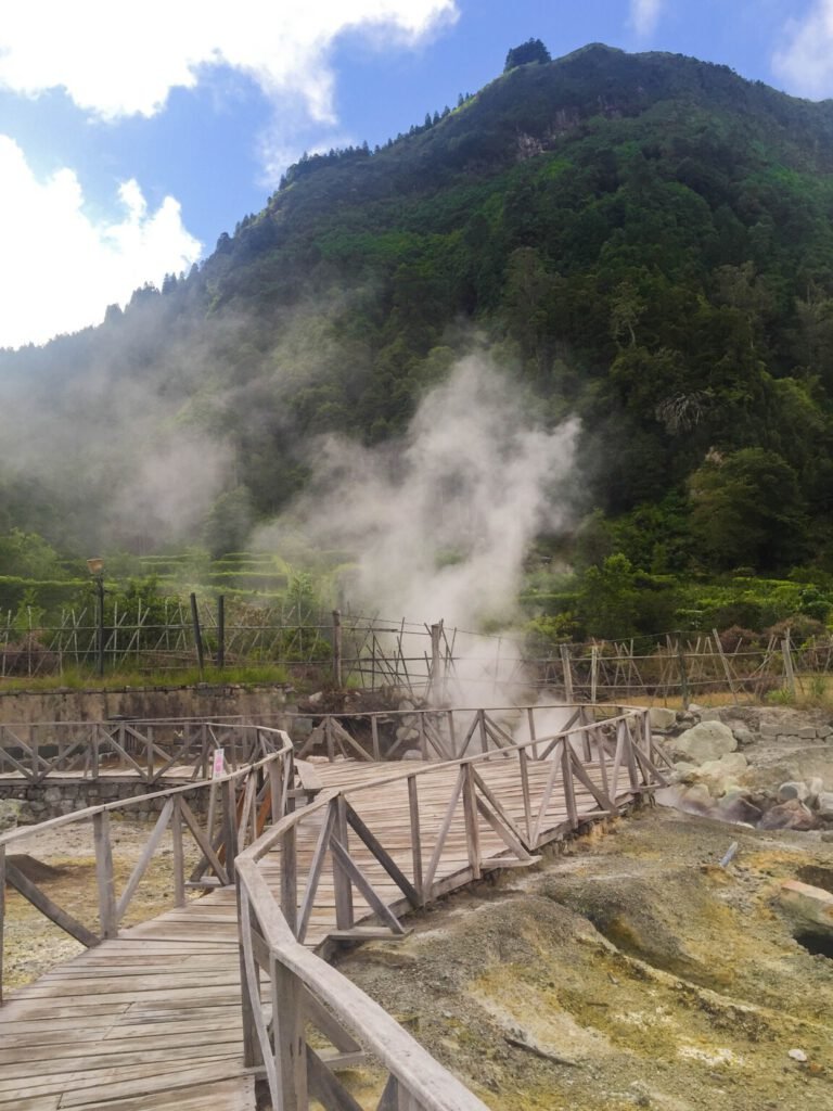 Volcanic wonders at Furnas Caldeiras, where geothermal activity creates surreal landscapes. Steam rises from bubbling hot springs amidst the lush surroundings of São Miguel Island in the Azores